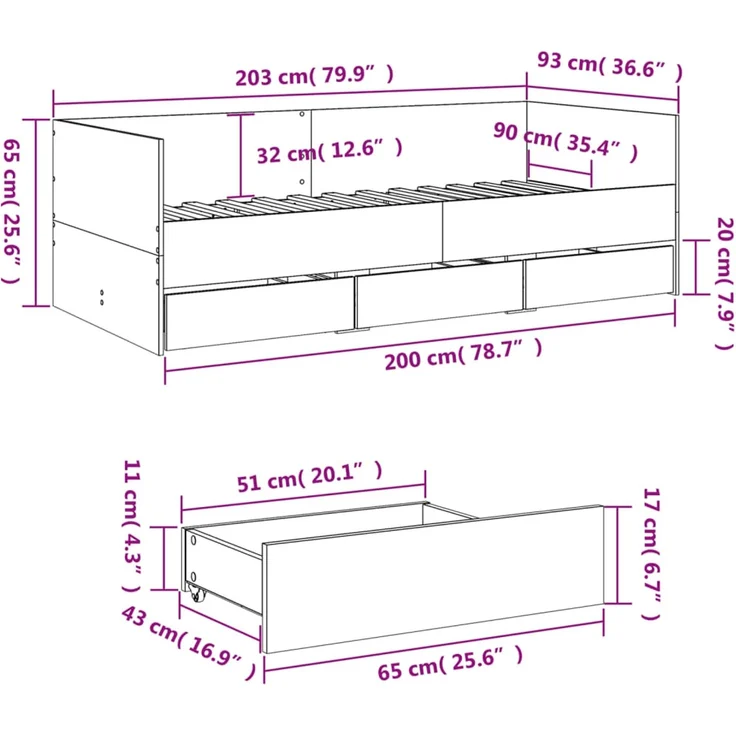 vidaXL Tagesbett mit Schubladen ohne Matratze Grau Sonoma 90x200 cm 3280823 – Bild 10