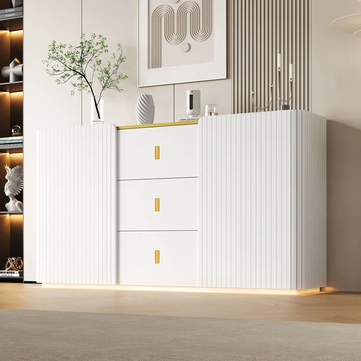 Sideboard 150 x 35 x 80 cm aus Spanplatte in Weiß mit 3 Schubladen, 2 Türen und LED-Beleuchtung – Bild 3