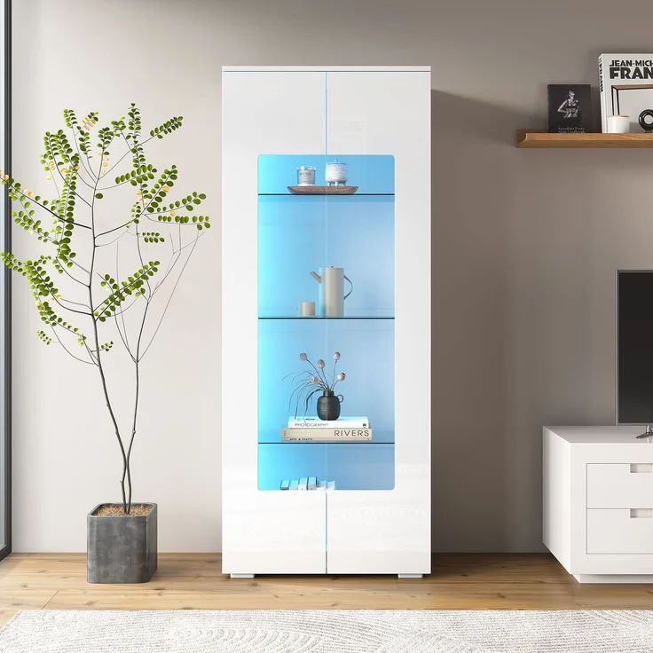 70*40*173cm Wohnzimmervitrine,Vitrine mit 2 Acryltüren,Hochglanzvitrine mit LED-Lichtleiste,Tragender Schrank aus gehärtetem Glas,Wohnzimmer breiter Schrank, Hochschrank,MDF, weiß – Bild 5