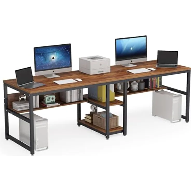 LITTLE TREE Schreibtisch Computertisch 240 x 75 x 60 cm, großer Schreibtisch aus Industriell Holz und Metall als Bürotisch Arbeitstisch für 2 Personen, ideal für Homeoffice Gaming, Braun