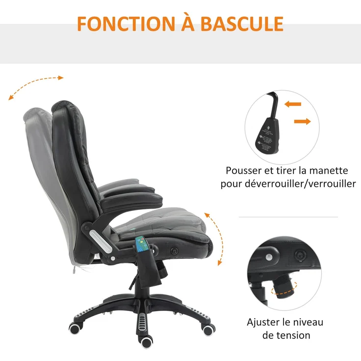 Elektrischer Massagesessel mit Heizfunktion, ergonomischer Bürostuhl mit schwarzem Kunstlederbezug – Bild 8