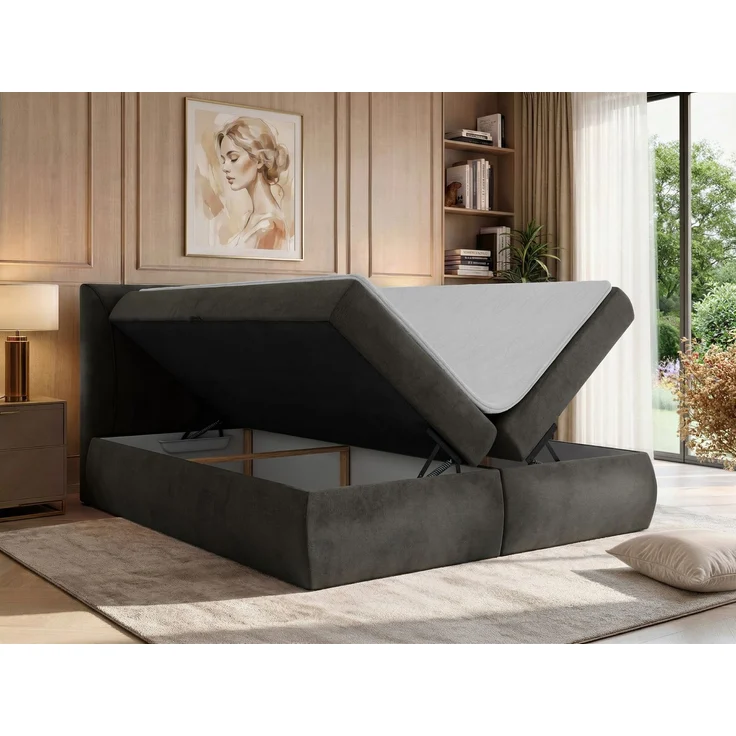 Boxspringbett mit Bettkasten TARENZA, Boxspringbett 140x200 cm mit Bonell-Matratze H3, Bett mit Topper T25, komfortables Boxspringbett, gepolstertes Kopfteil - Dunkelgrau Velvet – Bild 4