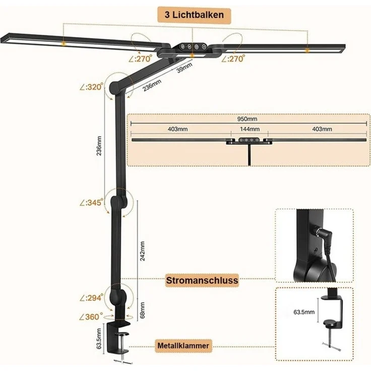 Jibenhome LED Schreibtischlampe LED Tischlampe Architektenlampe Doppelkopf Dimmbar,mit Klemme, Schwenkarm Schreibtischlampen,5 Farbtemperaturen,Ultra Bright – Bild 4