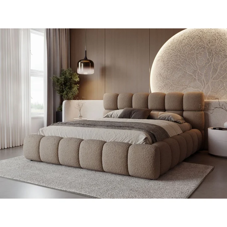 GRAINGOLD Modo Polsterbett 120x200, Doppelbett mit Kopfteil, groß Stauraum, Bouclé-Stoff, Braun – Bild 1
