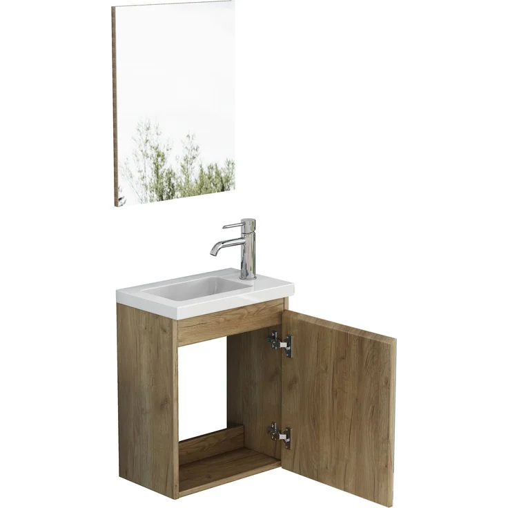 Wandmontierter Waschtischunterschrank, H 48 x T 39.8 x B 24.8 cm, MDF in Oak-Holzoptik, mit Keramikbecken und Spiegel – Bild 7