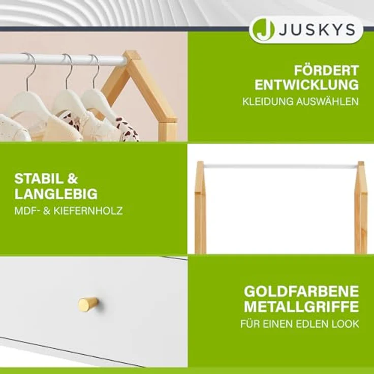 Juskys Kinder Kleiderständer Filla - große Schublade, Kleiderstange, offener Ständer - Kindergarderobe aus Holz - Mädchen & Jungs - Garderobe Weiß – Bild 4
