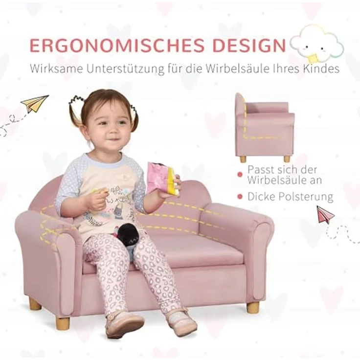 HOMCOM Sessel Zweisitzer mit Stauraum, Spielsofa für Kinder, Rosa (Kindercouch, 1-St, Kindersofa), 84L x 41.5B x 48.5H cm – Bild 5