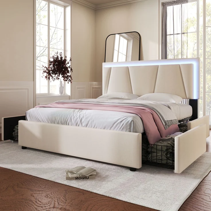 Polsterbett 140×200 cm mit höhenverstellbarem Kopfteil, LED-Beleuchtung, 4 Schubladen, Leinenstoff Beige,inklusive Matratze – Bild 3