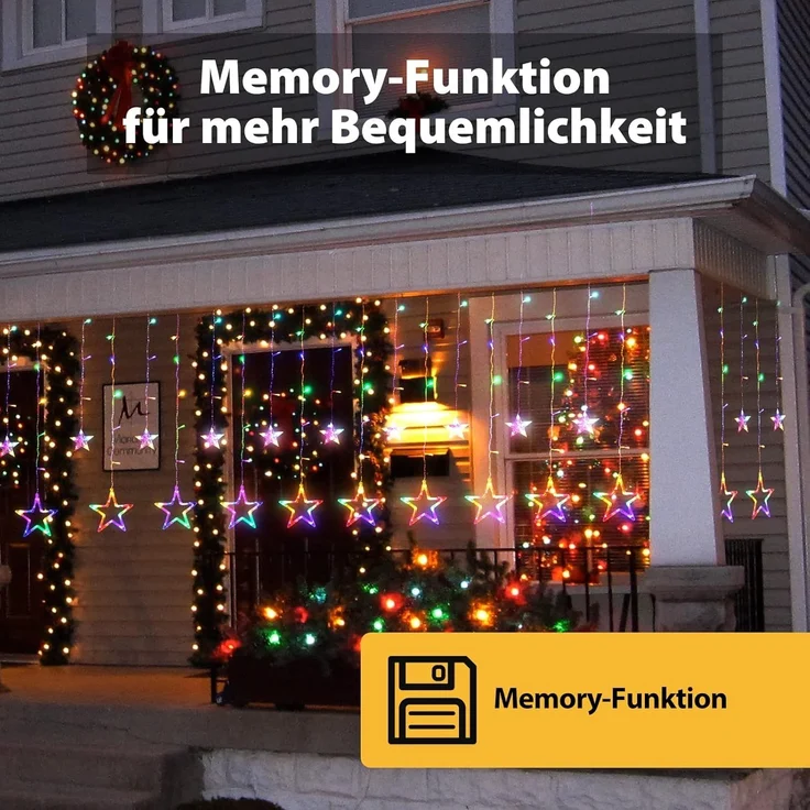 SALCAR 2m x 1m LED Lichtervorhang Fenster Weihnachten, 12er Sterne Lichterkette Innen Außen, Fensterbeleuchtung Hängend mit 8 Modi und Memory-Funktion, Bunt – Bild 3