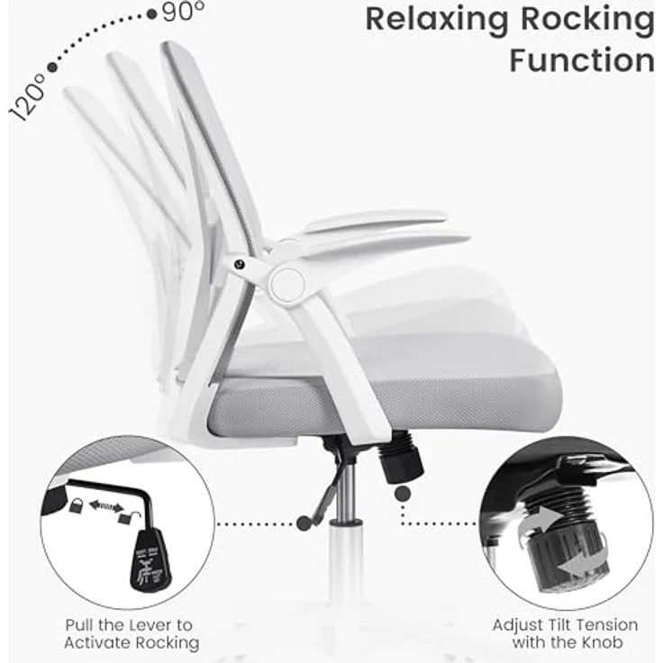 Yaheetech Bürostuhl Schreibtischstuhl mit hochklappbare Armlehnen, Drehstuhl aus Mesh, Office Chair Ergonomic, erstellbaren Lendenwirbelstütze, Wippfunktion, höhenverstellbar Hellgrau – Bild 7