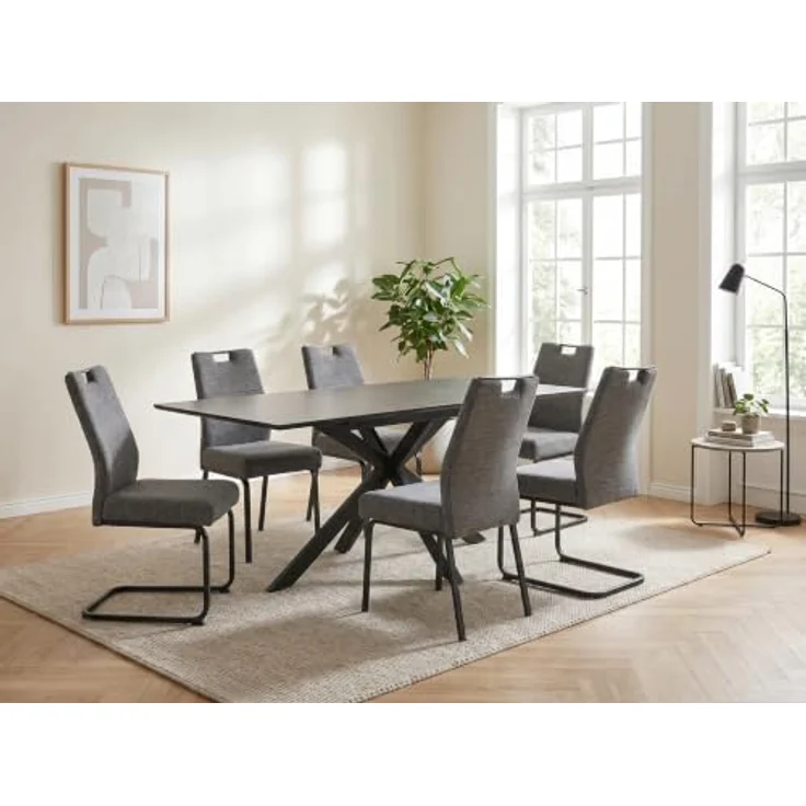 Hela Tische, Esszimmerstuhl Elvas, Bezug Webstoff Grau, Komfortsitz FEDERKORB, Lehne ergonomisch mit Griff, Flachrohrgestell, 140kg belastbar – Bild 2