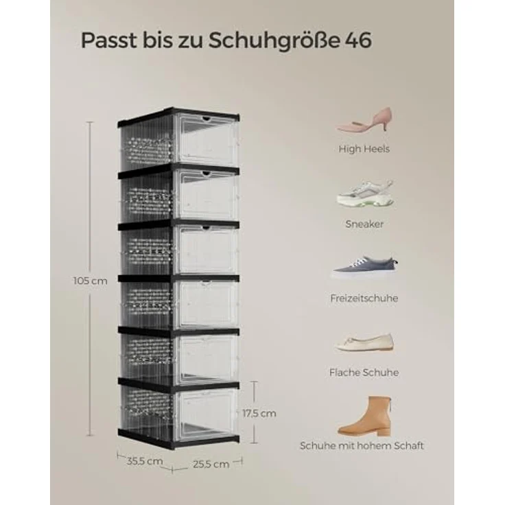 SONGMICS Schuhschrank, mit 6 Schuhboxen, integrierter Schuh-Organizer, faltbar, tragbar, für Schuhe bis Größe 46, 1-Min-Montage, transparent-tintenschwarz LSP205B01 – Bild 4