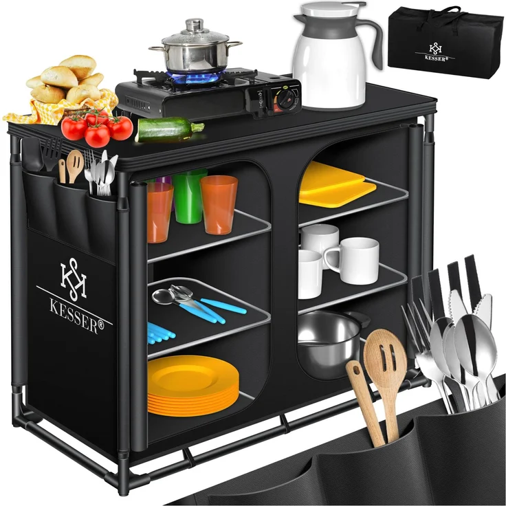 KESSER® Campingschrank, Campingküche mit Aluminiumgestell, inkl. Tragetasche , Kocherschrank für Camping , Campingmöbel , Outdoor Typ F6 (Schwarz) – Bild 1