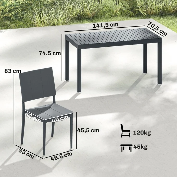 Gartenmöbel Set Sitzgruppe 5-teilig Breiter Tisch mit 4 Stapelstühlen Lamelldesign für 4 Personen – Bild 3