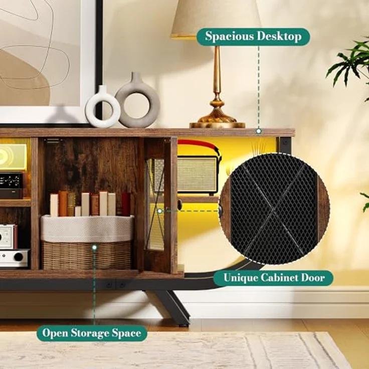 YITAHOME Industrielles TV-Schrank,140cm TV Lowboard für Fernseher bis zu 55 Zoll mit LED-Beleuchtung,Wohnzimmer Fernsehschrank TV Board mit Offenen Stauraum,Vintagebraun – Bild 4