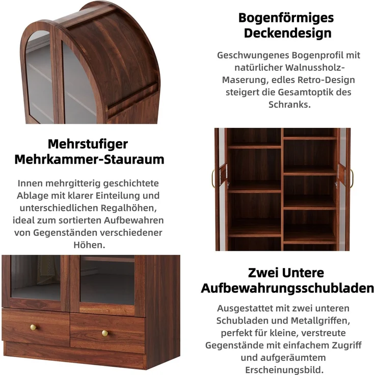 Vitrine aus MDF und Glas mit Bogenprofil und 2 Schubladen, 76x40x180 cm, Nussbaum-Optik – Bild 7
