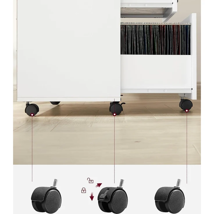 VASAGLE Aktenschrank, Rollcontainer, frei beweglich, mit Rollen und 3 Schubladen, für Dokumente in DIN A4, Letter-Format, Druckerständer, Industriestil, Weiß von SONGMICS OFC041W01 – Bild 7