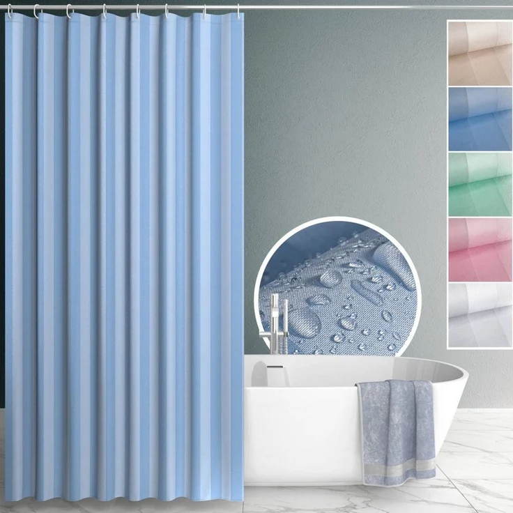 ANRO Duschvorhang aus Italien hochwertiger Badevorhang Textil mit Ösen und Haken Breite 120 cm (Packung, 1-tlg, Duschvorhang inkl. Aufhängeringe), robuster Vorhang Stangenaufhängung in Größe 200x120cm in blau – Bild 1