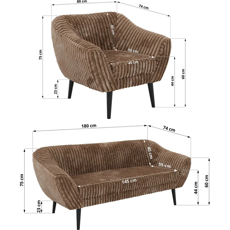 Wohnzimmerset, Möbelset PIRS 3-3-1, Armlehnen, Wellenfederung, schwarze Füße, Dreisitzer Sofas mit Sessel, Polstermöbel Set - Braun Cord – Bild 5