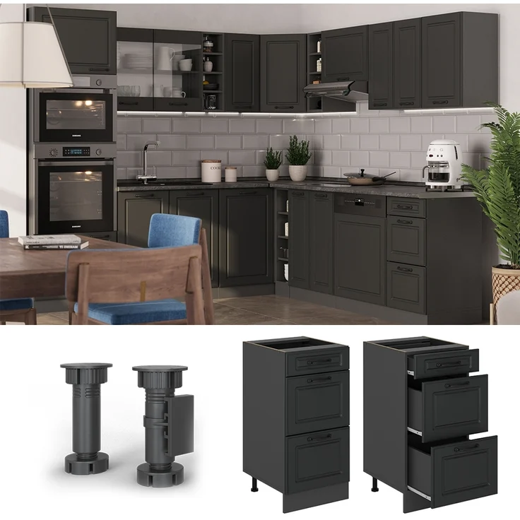 Küchenunterschrank R-Line Anthrazit Landhaus 40 cm mit Schubladen, AP Eiche Vicco – Bild 4