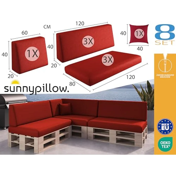sunnypillow Palettenkissen mit abnehmbarem Bezug Kaltschaum Palettenauflage Palettenpolster Palettensofa Sitzkissen Rückenlehne Indoor Outdoor 8er Set 120x80 Rot – Bild 3