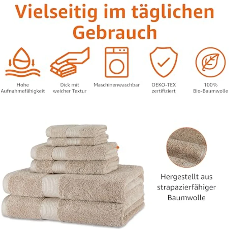 Amazon Basics Handtücher Set 6-teilig, 100% Bio-Baumwolle, ausbleichbeständig, weich, in Taupe, 2 Badetücher + 2 Handtücher + 2 Waschlappen – Bild 2