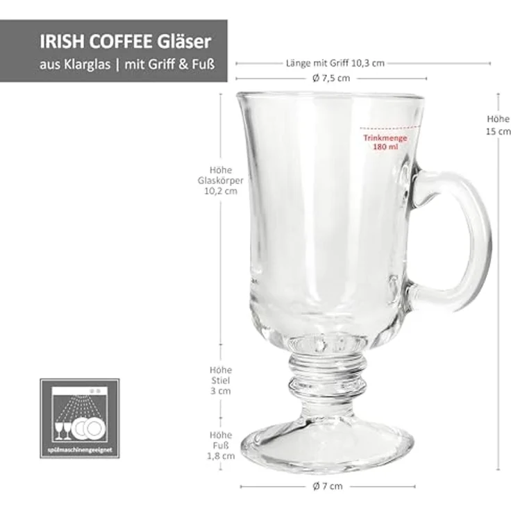MamboCat Latte-Macchiato-Glas 4x Irish Coffee Gläser mit Henkel 180ml Tee-Glas Kaffee-Gläser, Glas – Bild 5