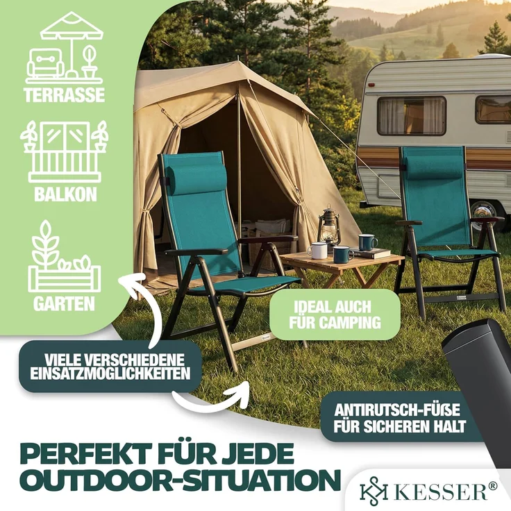 KESSER® Gartenstuhl Hochlehner mit Armlehnen | Aluminium Klappstuhl inkl. Kopfkissen Campingstuhl 7-Fach Verstellbar Rückenlehne | Atmungsaktiv & Wetterfest | Klappbar & Anti-Rutsch 1 Stück, Petrol Grün – Bild 8