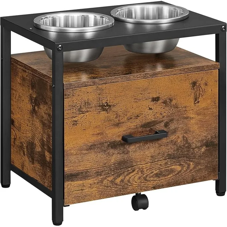 Feandrea Hundenapf erhöht, für große Hunde, Futternapf mit Gestell, erhöhter Fressnapf mit Schublade, Futterstation, 2 Schüsseln, 39 cm hoch, vintagebraun-schwarz