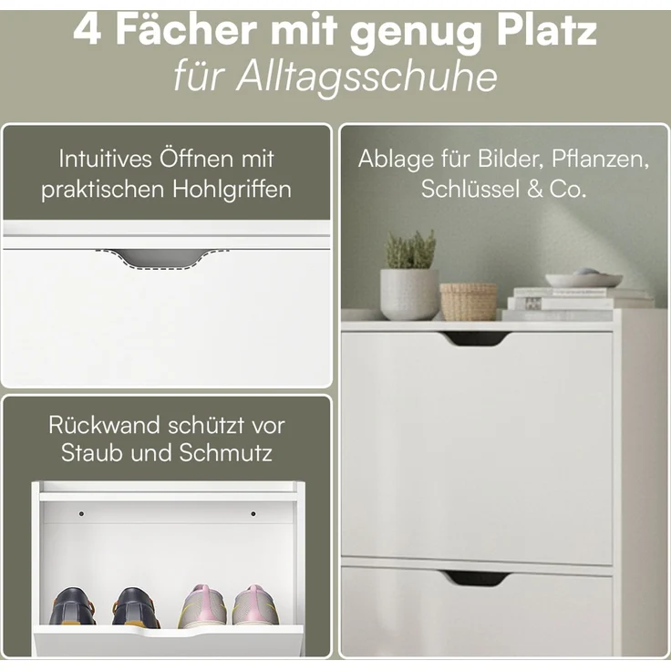 Bellamio 'Ceyhan' Schuhschrank mit 4 Klappen, schmales Schuhregal, weiß, 100x19x90 cm, Schuhkipper für 8 paar Schuhe – Bild 3
