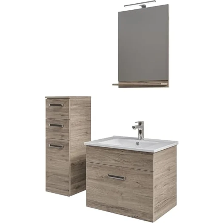 Pelipal Badmöbel-Set Quickset 313, Sanremo Eiche - Keramikwaschtisch, Waschtischunterschrank, Spiegel,Leuchte, Unterschrank – Bild 1