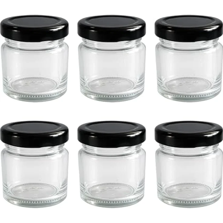 hocz 6x Mini Marmeladengläser 50 ml | mit Deckel Schwarz TO 43 | kleine Einmachgläser mit Schraubdeckel zum befüllen | Schraubgläser, Sturzgläser Set | leere Gläser für Marmelade | 6 Stück – Bild 1