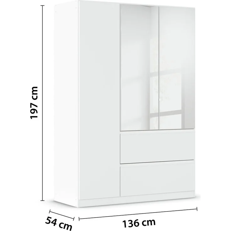 rauch Joel, Kleiderschrank, 3-türig, mit Spiegel, 2 Schubladen, push-to-open, mit 2 Kleiderstangen und 2 Einlegeböden, Farbe Weiß, BxHxT 136x197x54cm – Bild 4