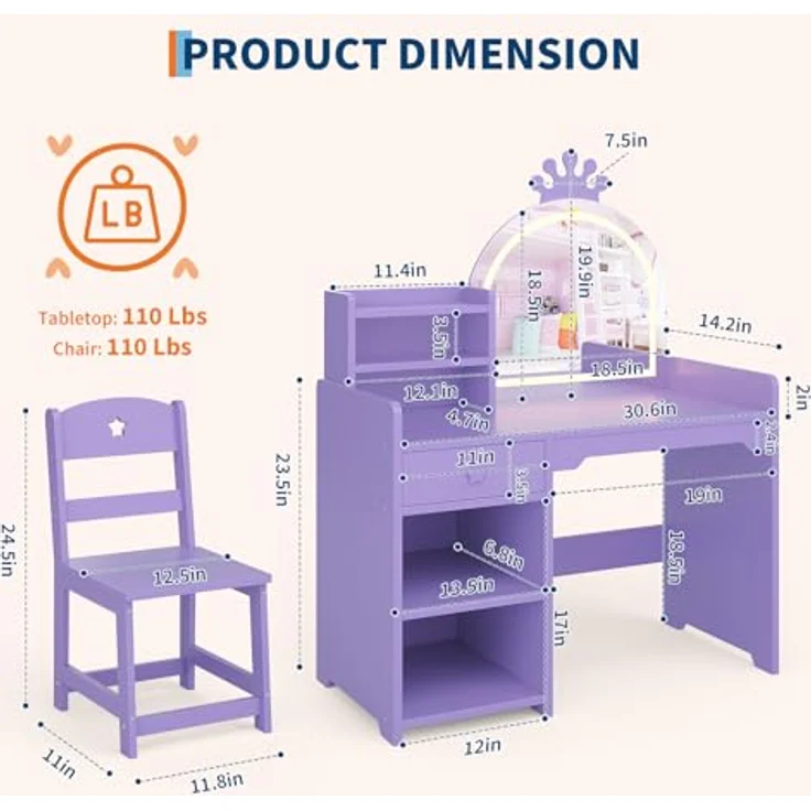 2 in 1 Schminktisch Kinder Set, Kinderschminktisch mit Spiegel & LED-Lichtern, Schminktisch für Mädchen, Kinderschminktisch mit Hocker, Schubladen, Offenen Fächern, Prinzessin Frisiertisch Holz, Lila – Bild 3