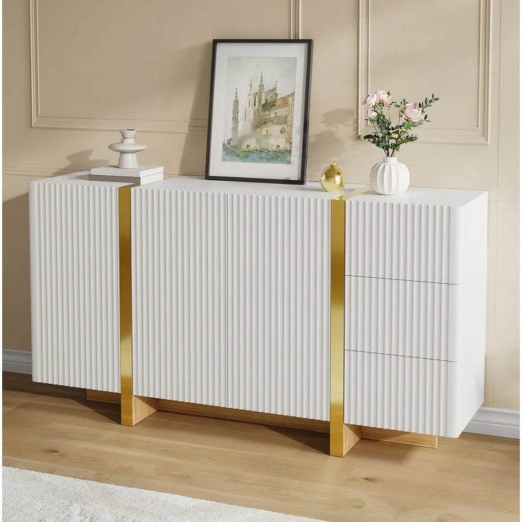 DESVIAE Sideboard Weiß aus MDF/Spanplatte – 140x75x36 cm – 3 Türen, 3 Schubladen – Bild 4