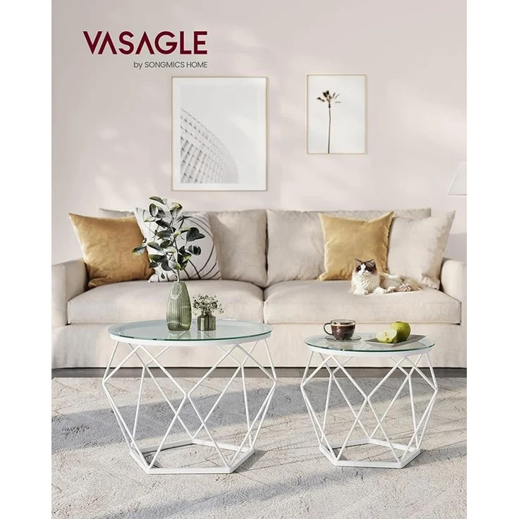 Vasagle Couchtisch rund, 2er Set, Wohnzimmertisch, Beistelltisch, modern, abnehmbare Tischplatte, für Wohnzimmer, transparent-wolkenweiß – Bild 2
