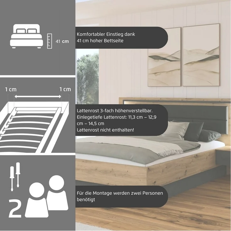 rauch Bettanlage Bett Doppelbett Komortbett BILBAO-EXTRA, (Set, 3-tlg, Liegefläche 160x200 oder 180x200 cm), Polster-Kopfteil in Lederoptik basalt, mit Beleuchtung MADE IN GERMANY – Bild 3