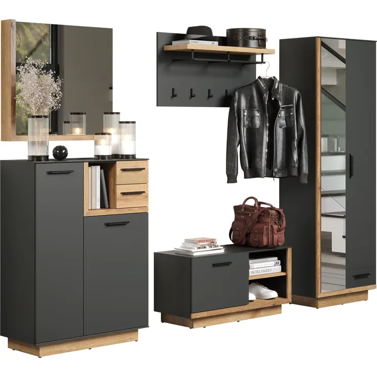 Garderobe Set Synnax in grau und Eiche Evoke 5-teilig 265 cm