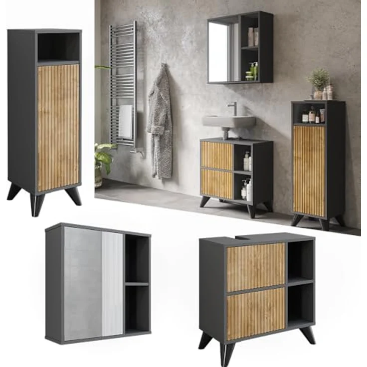 Vichy Badmöbel-Set Leano, 3-teilig, mit Waschbeckenunterschrank und Spiegelschrank, Anthrazit/Bergeiche – Bild 2