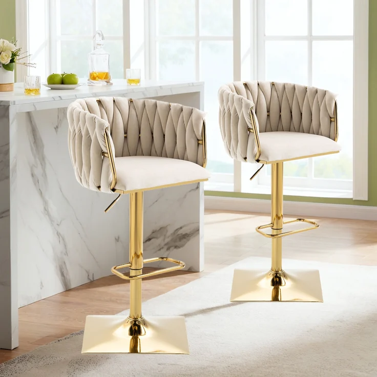 LVHOM Barhocker 2er Set, 360° drehbare moderne Samt-Barstühle, drehbare Küchenhocker, goldene Stuhlbeine – Bild 1
