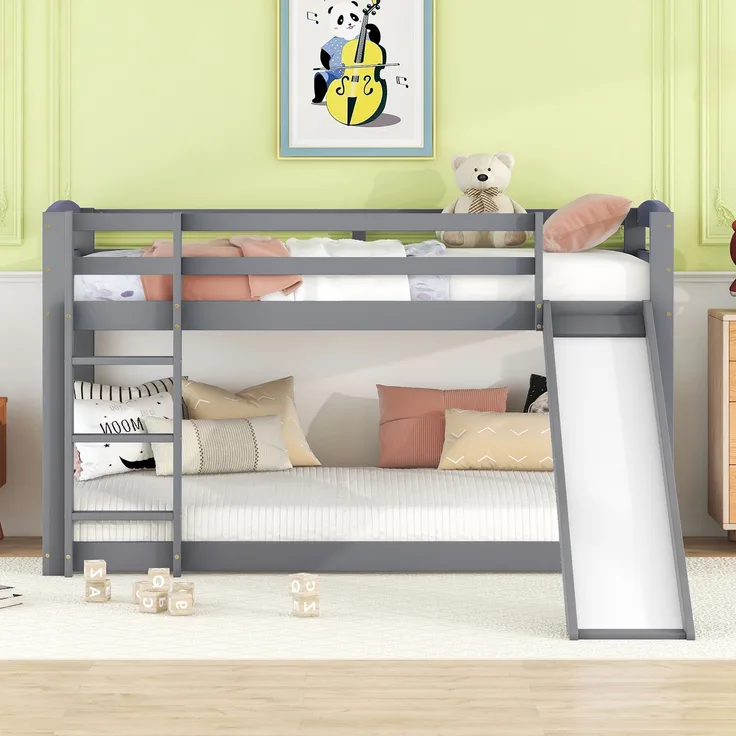 Etagenbett Kinderbett mit Rutsche 90x200 cm, Doppelstockbett für Jugendliche, platzsparendes Hochbett mit Geländer, Leiter beidseitig montierbar,Grau