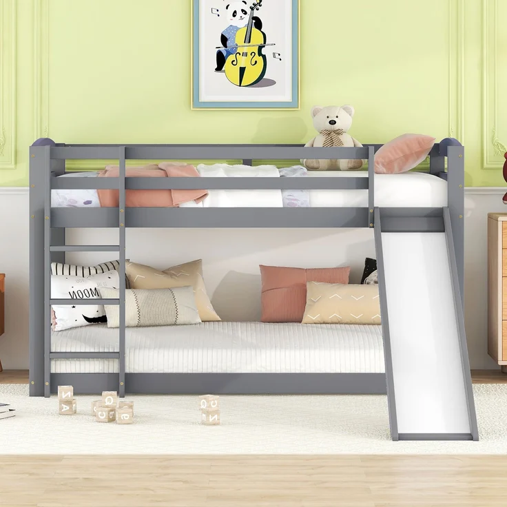 Etagenbett Kinderbett mit Rutsche 90x200 cm, Doppelstockbett für Jugendliche, platzsparendes Hochbett mit Geländer, Leiter beidseitig montierbar,Grau – Bild 1