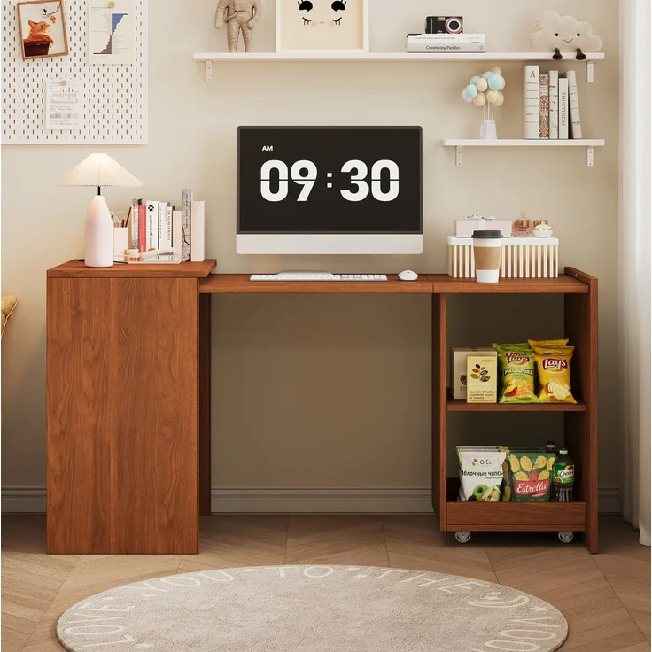 Schreibtisch aus Spanplatte, klappbar mit 4 Ablagefächern & Rollen, 126x55x75 cm, Walnuss – Bild 3