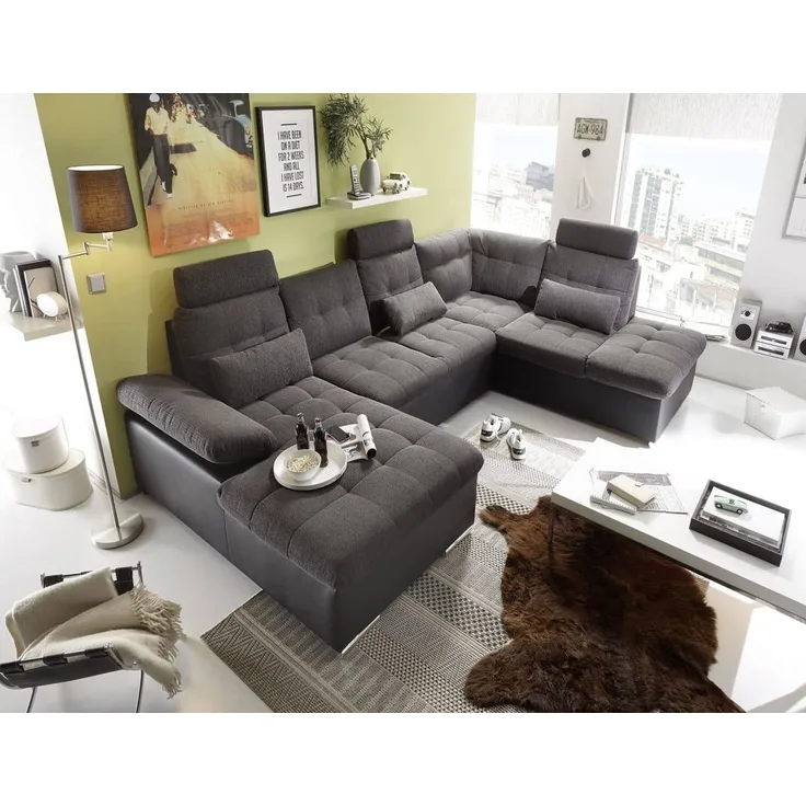 Couch Wohnlandschaft Schlaffunktion Schlafsofa schwarz grau Ottomane rechts