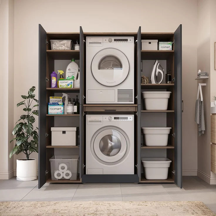 Roomart Waschmaschinenschrank - DORA-I- 160 cm breit - Wasch- & Trocknerschrank mit 2 Hochschränken, Türen & Ausziehbrett, Waschmaschinen-Überbau für Waschküche & Hauswirtschaftsraum • Anthrazit-Eiche – Bild 4