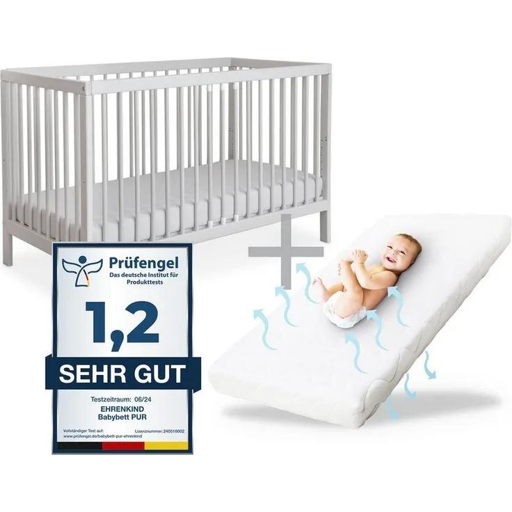 Ehrenkind Babybett PUR inkl. Matratze aus massivem Buchenholz, Gitterbett, Baby Bett, Babybett 60x120 cm