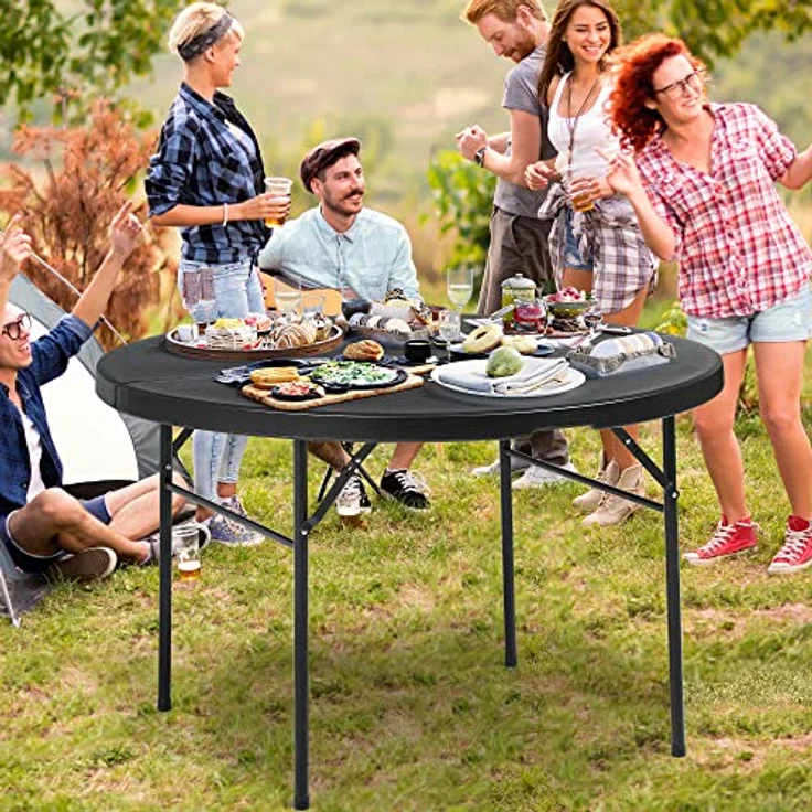 YITAHOME 122cm Runder Klapptisch mit Tragegriff Wetterfest für Outdoor/Indoor, Tragbarer Campingtisch mit Metallrahmen, Kunststoff Gartentisch mit 4cm Tischplatte für Party, Camping, Grill, Schwarz – Bild 8