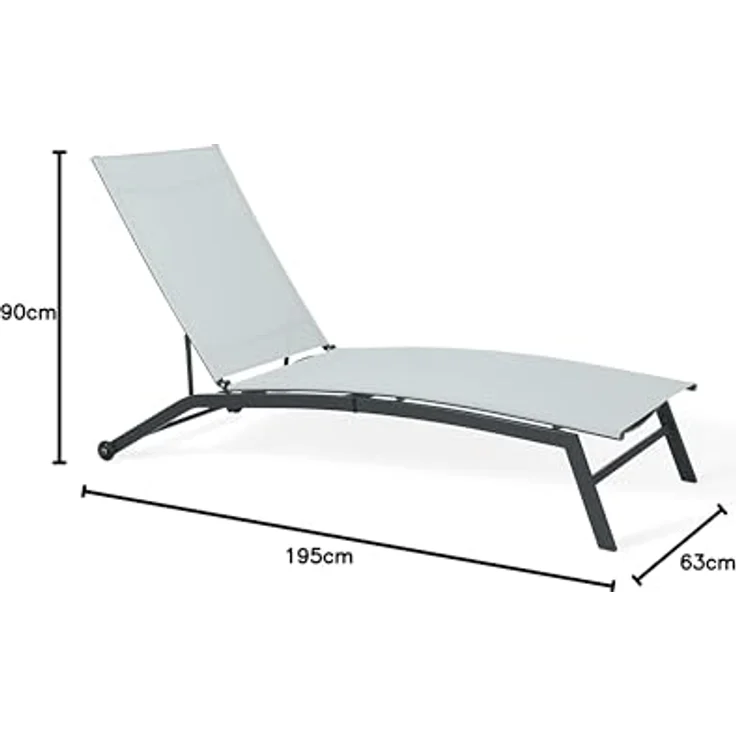 Ambia Garden Sonnenliege, Anthrazit und Weiß, Metall, 195x90x63 cm, wetterbeständig, verstellbare Rückenlehne mit Rädern am Kopfende – Bild 2