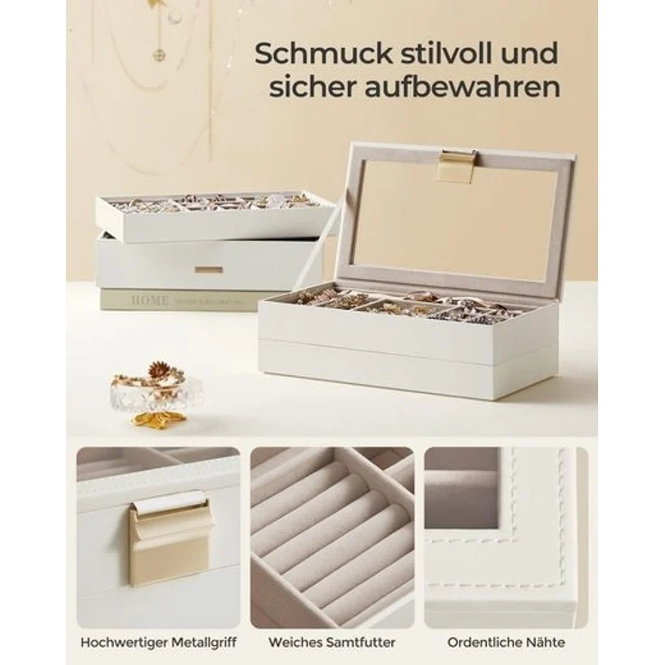 SONGMICS Schmuckkästchen 4 Ebenen, Schmucktablett stapelbar, Schmuckkasten groß, Schmuckbox mit Glasdeckel, 17 x 28 x 18,3 cm, Schmuckeinsatz für Schubladen, Geschenkidee, Weihnachten, weiß JBC164W01 – Bild 3