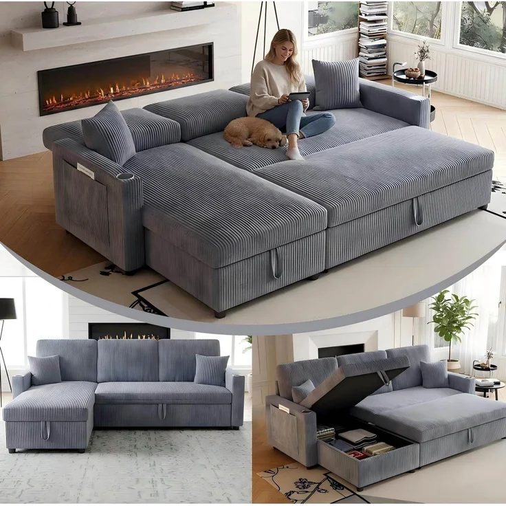 Schlafsofa aus Cord mit Ausziehfunktion, Stauraum und USB-Anschluss, 207,5x142x84,5 cm, Grau – Bild 2